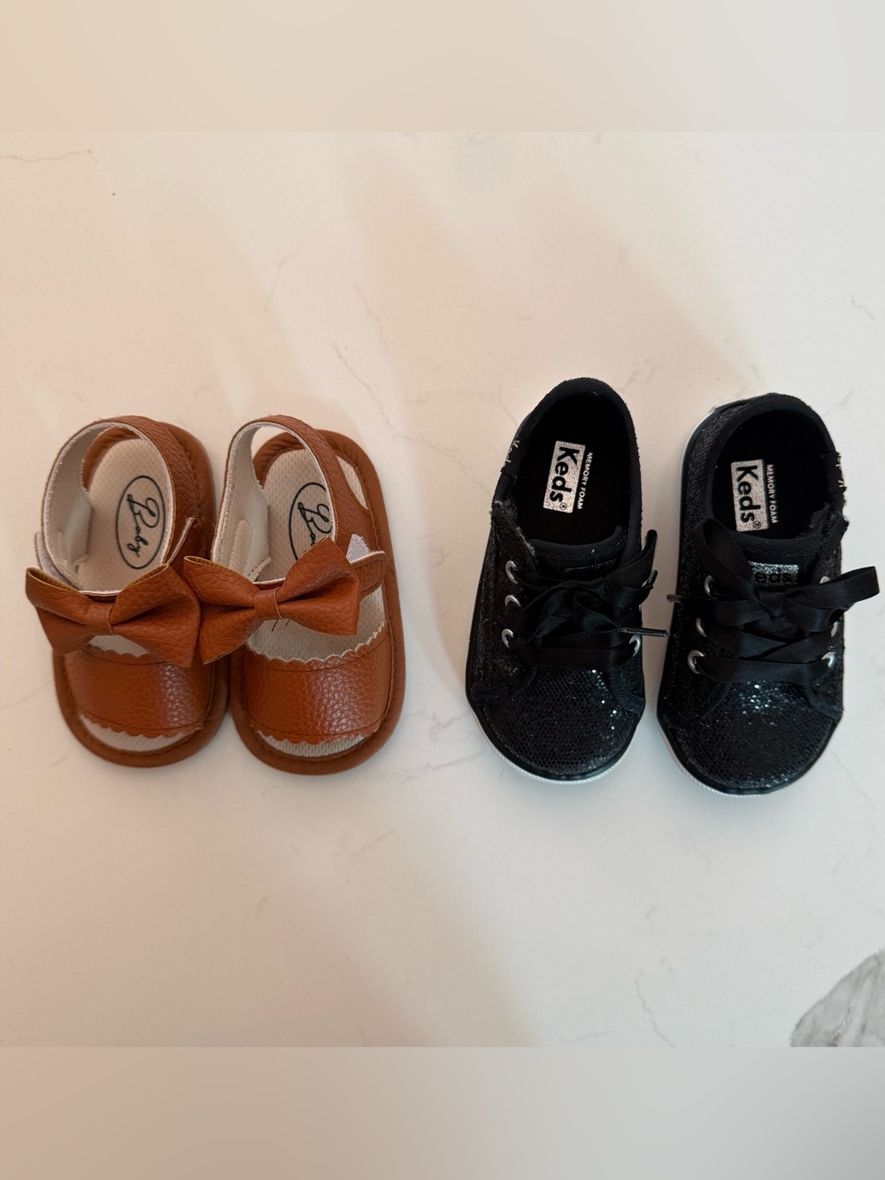 Baby Keds Black Glitter Sneakers & Brown Bow Sandals (4C toddler)